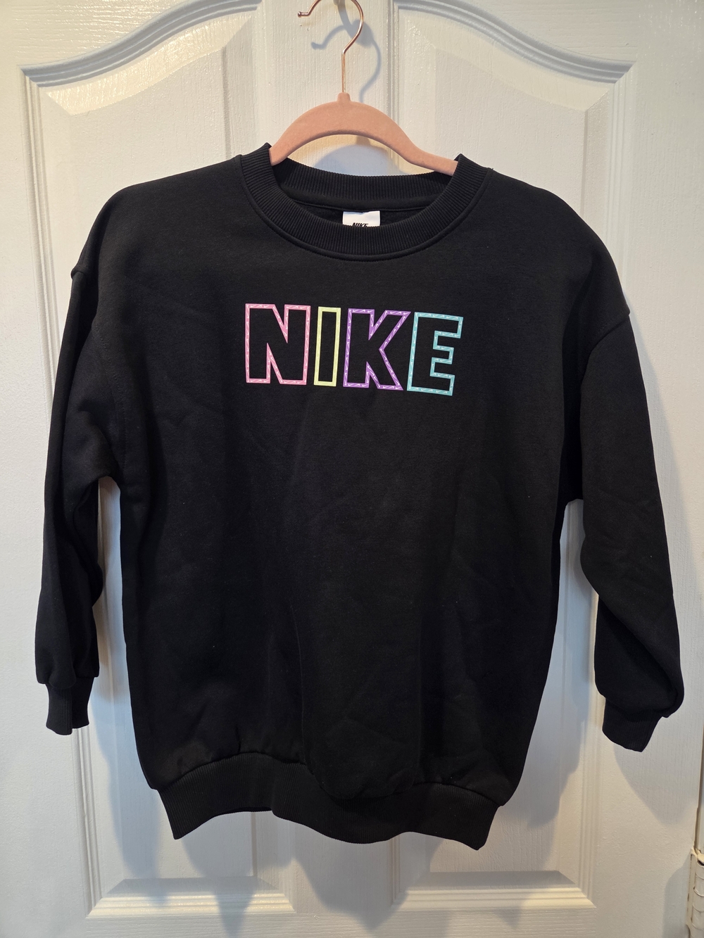 Nike Black Crewneck with Pastel Rainbow Outline Logo